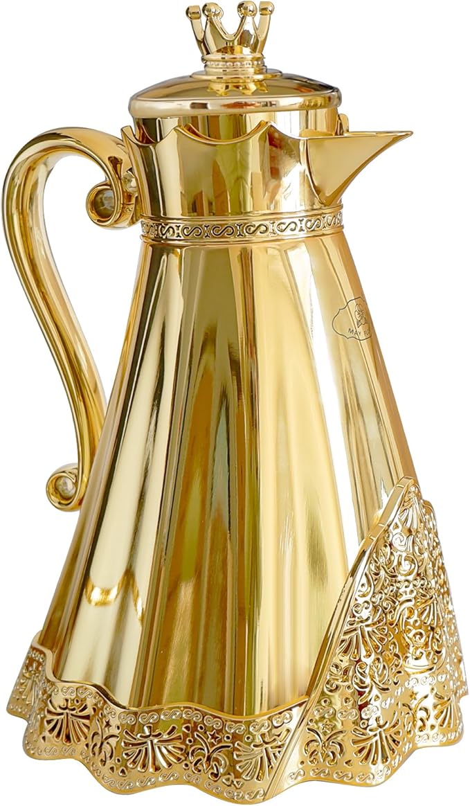 Luxury Arabic Style Insulated Thermal Coffee Carafe,34 oz,Coffee Pot,Arabian Style Vacuum Thermal Carafe Insulated Flask for Tea and Hot Cold Drink,Moving and housewarming blessings (Gold)