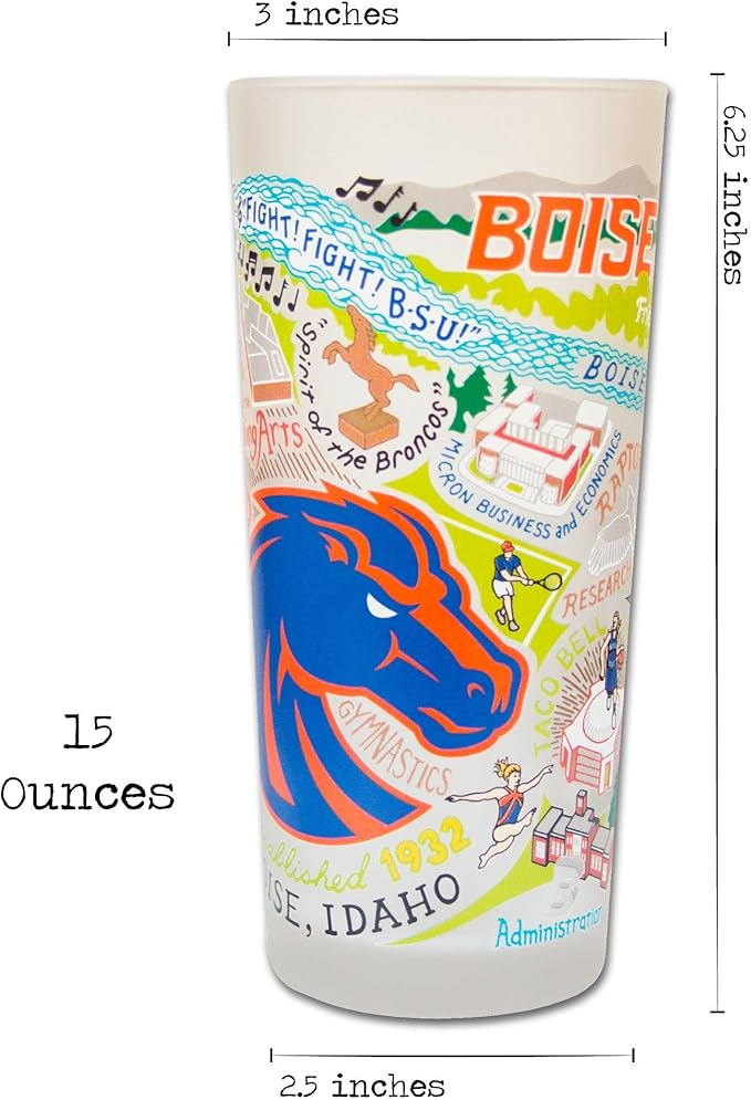 Catstudio Drinking Glass, Boise State University Glass Cup for Kitchen, 15oz Dishwasher Safe Tumbler for BSU Alumni