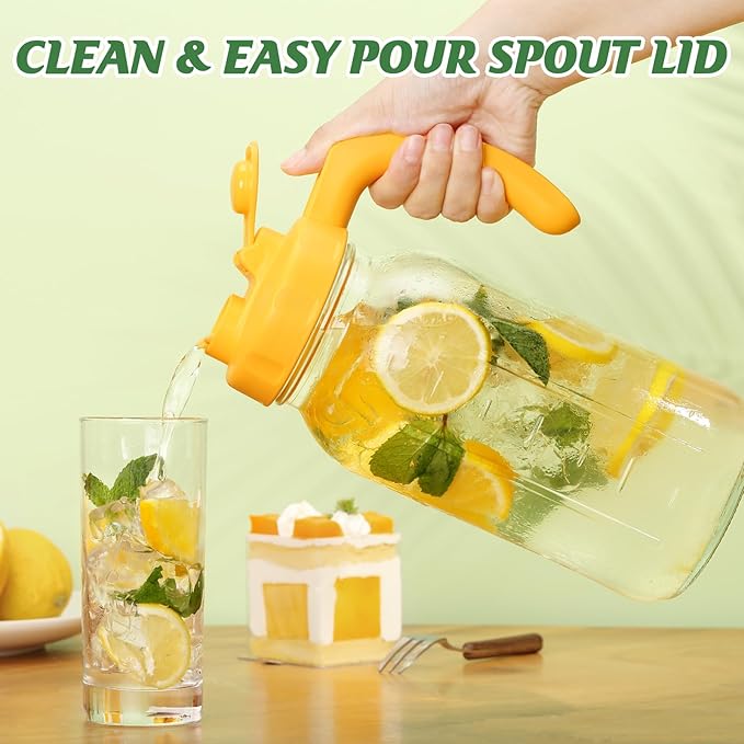 Soligt Glass Mason Jar Pitcher with Lid, Wide Mouth Flip Cap Pour Spout Leak-proof Lid with Handle, 64 oz (2 Quart /1.9 Liter), for Sun Tea/Iced Tea/Juice/Cold Brew Coffee/Milk (1 Pack, Vivid Yellow)