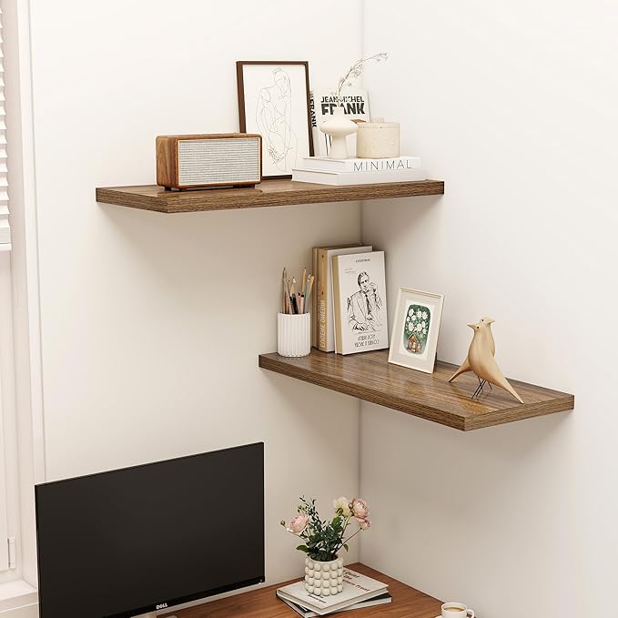Dreamland 32" Floating Shelves for Wall, 12" Deep Slim Walnut Floating Shelves, Wall-Mounted Shelves for Bedroom, Living Room, Kitchen, Bathroom - Set of 2