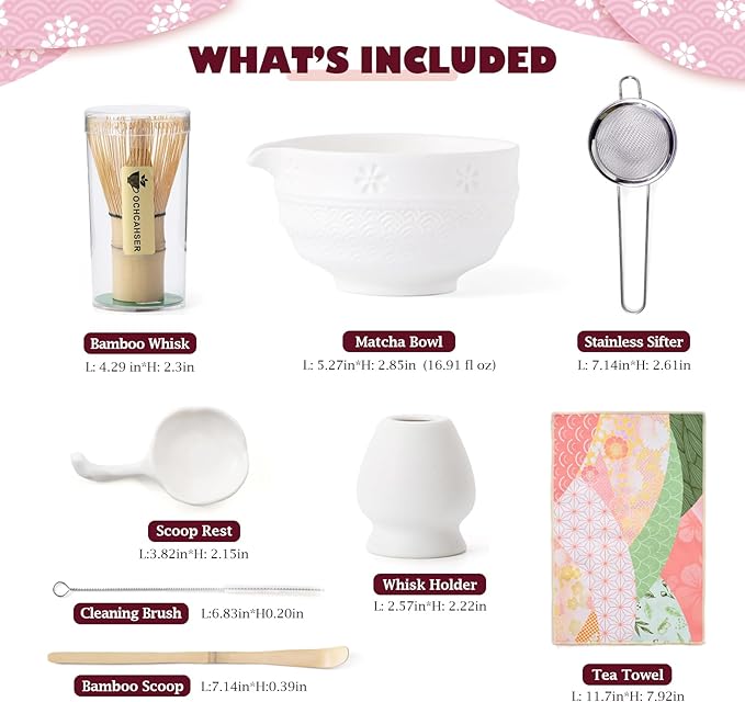 Matcha Tea Set, 8 Pcs Japanese Matcha Kit with Cherry Blossom and Wave Design Ceramic Bowl, Bamboo Whisk, Whisk Holder, Scoop, Sifter, Brush, Matcha Kit Set for Matcha Lovers (Speckled White)