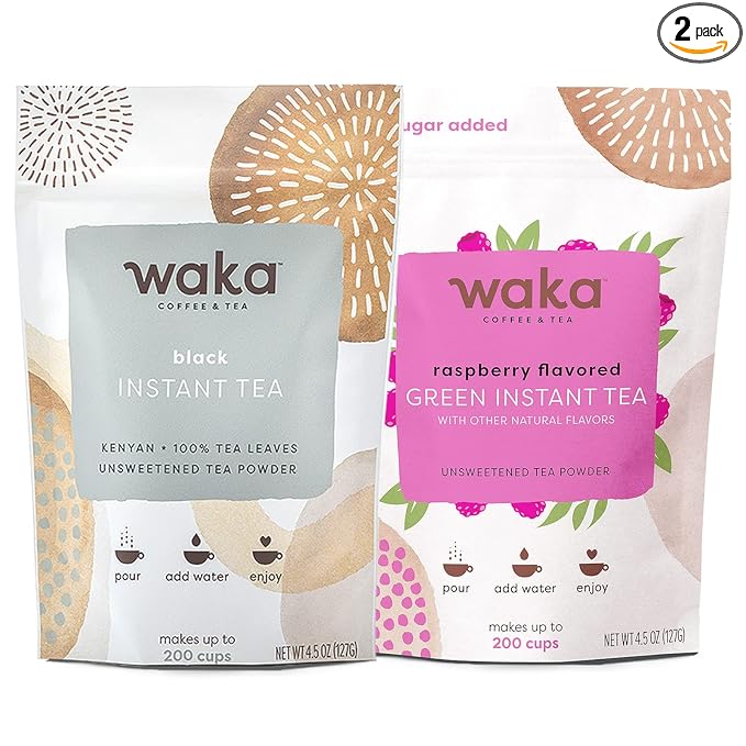Waka Instant Tea Mix – 2-Bag Bundle – 100% Tea Leaves, No Additives, Unsweetened – Kenyan Black & Raspberry Green (4.5 oz Each)