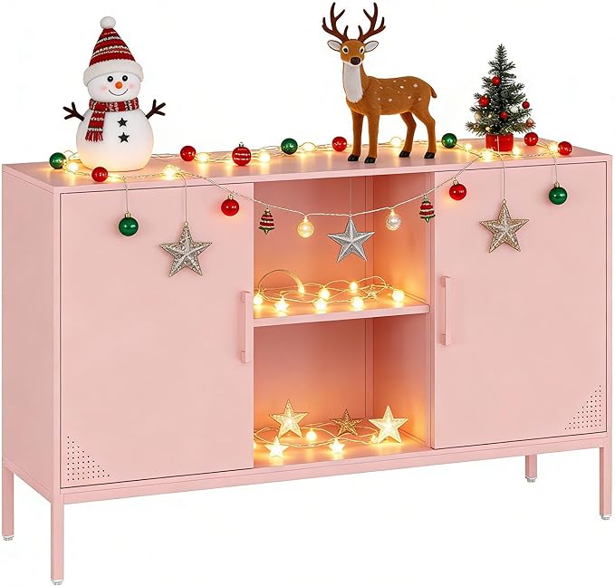 Metal TV Cabinet with Doors and Shelves Modern Metal Storage Cabinet Coffee Bar TV Stand 2 Door Locker for Office Living Room Kitchen (Pink, 47.24" D x 13.78" W x 29.53" H)