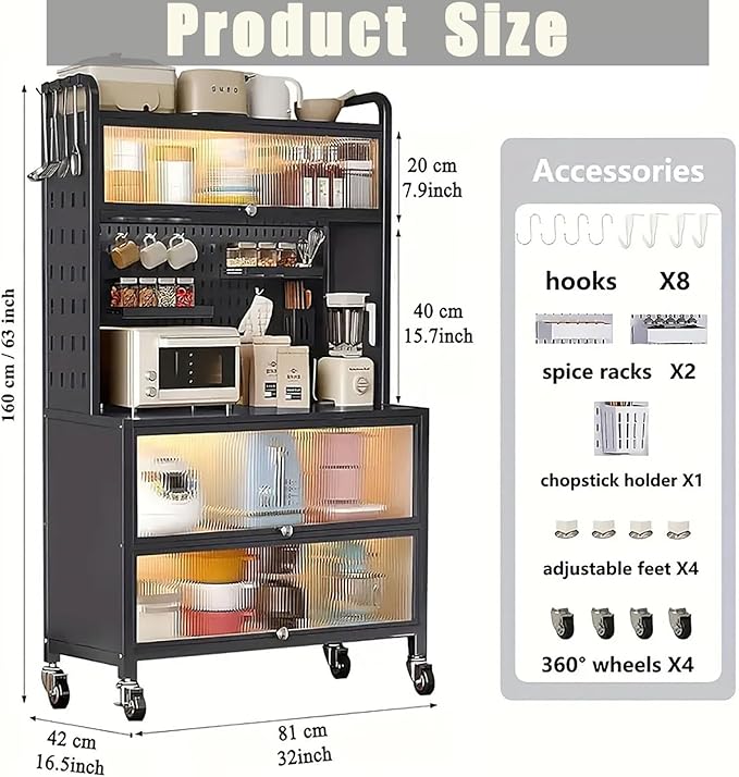 Bakers Rack with Wheels, 5-Tier Coffee Bar with Wheels, Microwave Stand with Storage, Kitchen Shelves for Kitchen Pantry, Storage Room, Black