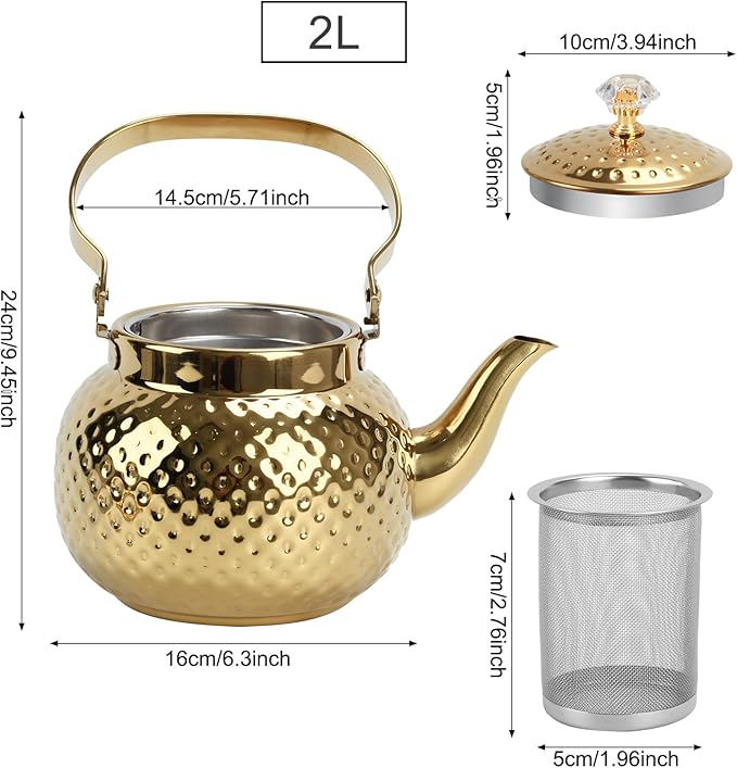 2L Hammered Tea Kettle, Stainless Steel Tea/Coffee Pot Loose Leaf Teapot for Tea, Milk, Coffee, 2L Teapot with Strainer Stovetop Tea Kettle, Outdoor Travel Supplies, Gift For Tea (Gold 2L)