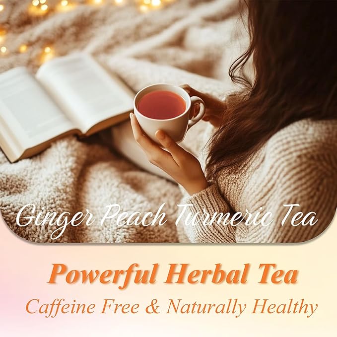 WT WEETEE Ginger Peach Turmeric Tea, 2.5g 100 Count Ginger Turmeric Tea Bags with Cinnamon Hibiscus Rosehip Cardamom Chamomile Hawthorn and More, Natural Caffeine Free Herbal Tea