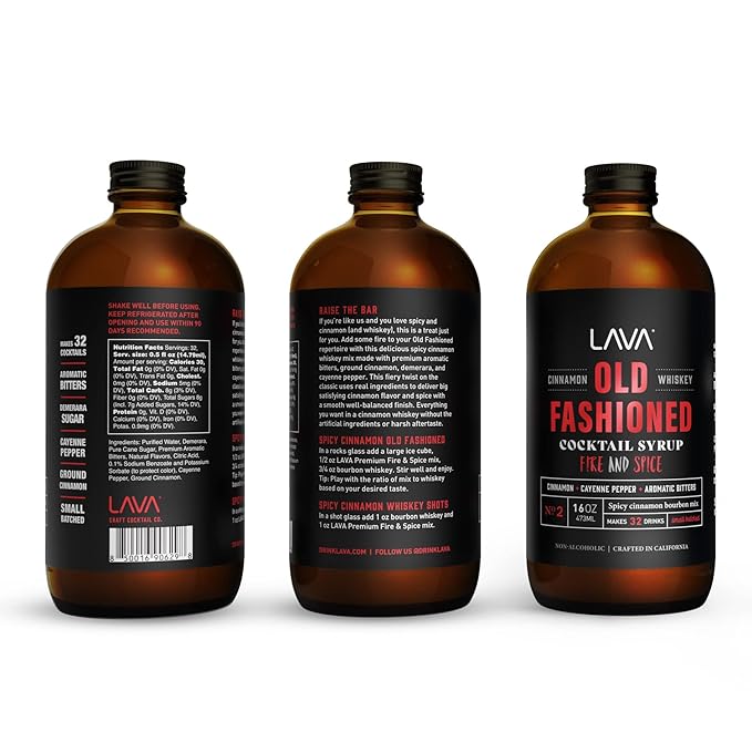 LAVA Premium Fire & Spice Cinnamon Whiskey Spicy Old Fashioned Cocktail Mix 16oz, Makes 32 Cocktails, Made with Aromatic Bitters, Demerara, Cinnamon, Cayenne Pepper. Just Add Whiskey.