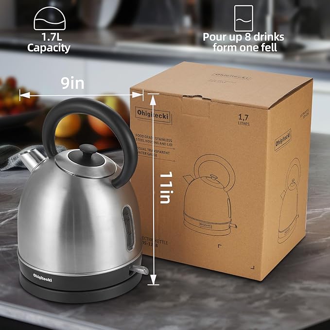 1.7L Electric Kettle, Cute Water Boiler with Thermometer & Auto Shut-Off, 1200W Fast Boiling Kettle for Home Kitchen Office, BPA-Free, Boil-Dry Protection (Stainless Steel Sanding)
