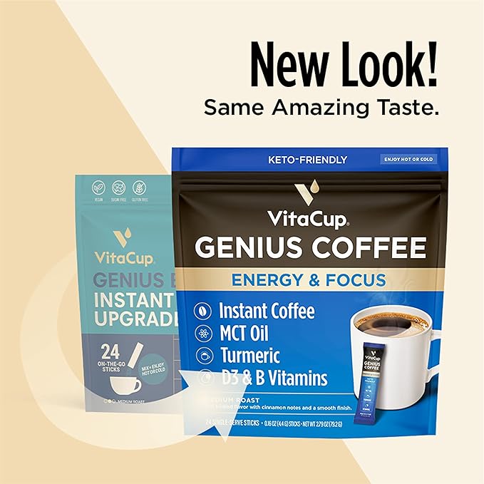 VitaCup Genius Instant Coffee Packets, Increase Energy & Focus, Keto Coffee, Serve Hot or Cold Brew, MCT Oil, Turmeric, B Vitamins, D3, Bold & Smooth,100% Arabica Coffee in Single Serve Sticks, 48 Ct