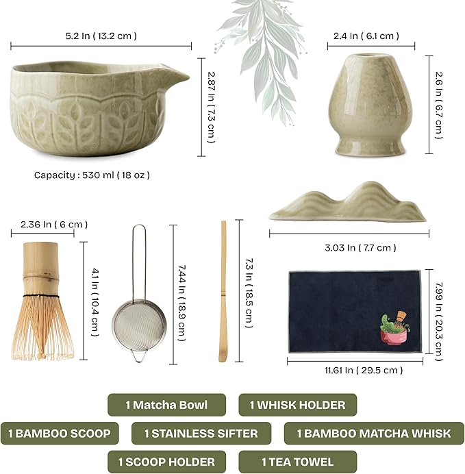 Matcha Whisk Set 8 Pcs Green Matcha Set with Matcha Bowl (Chawan), Whisk, Holder & Accessories – Complete Matcha Kit for Ceremony, Traditional Tea Set for Making Latte, Gift for Family & Friends
