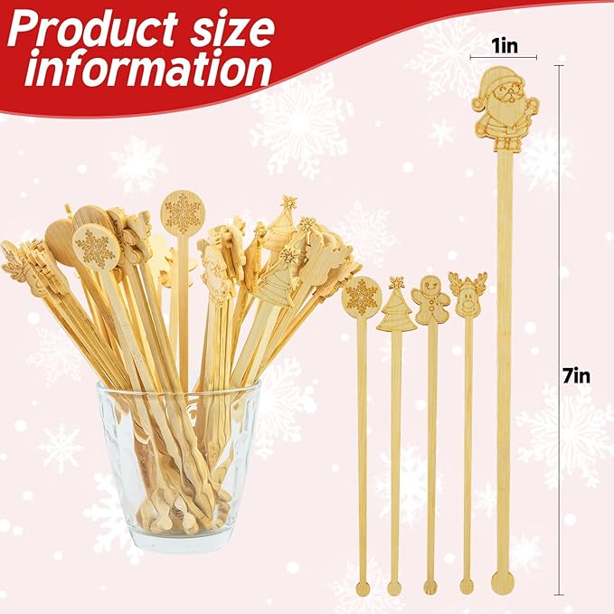 50PCS Bamboo Coffee Stirrers, 7inch Christmas Biodegradable Disposable Stir Sticks Coffee Drink Cocktail Stirrers for Christmas Winter Office Home Coffee Milk Hot Chocolate Bar Supplies