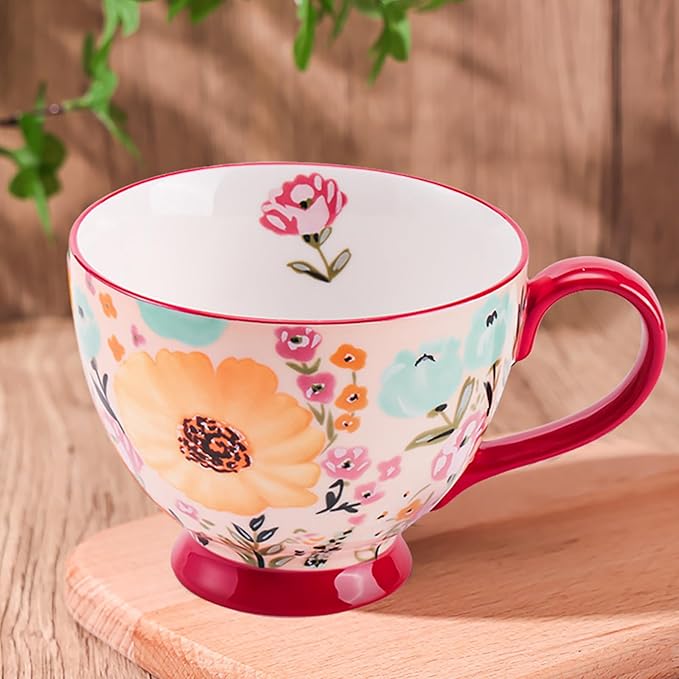 Autumn Handmade Large Ceramic Coffee Mug (20oz) Cute Cereal Vintage Flower Mugs Cozy Fall Gift Cup for Breakfast Oatmeal Tea & Hot Drinks with Floral Design