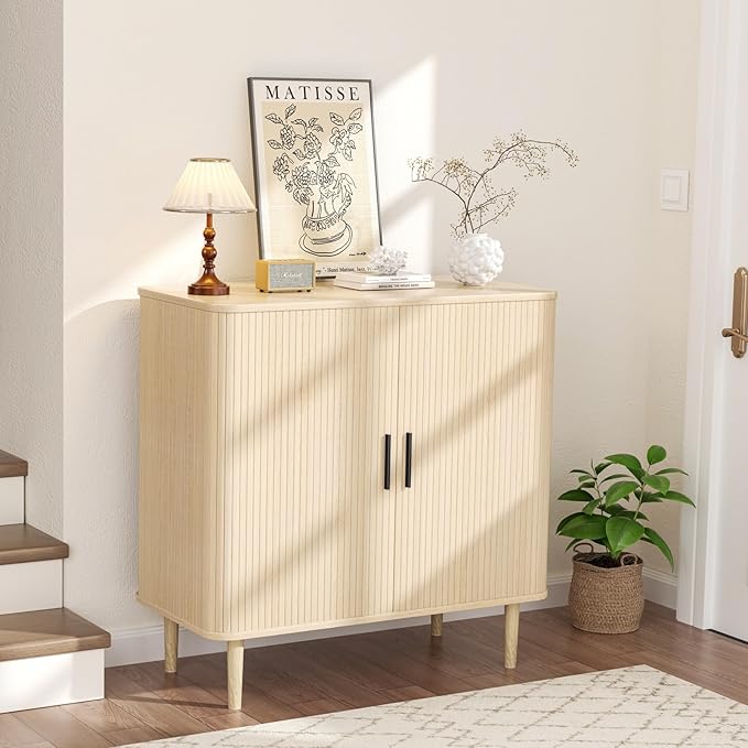 35" Fluted Accent Buffet Cabinet, Oak Small Storage Sideboard with Sliding Door, Mid Century Natural Credenza with Solid Wood Leg, Wine Coffee Bar Console Table for Kitchen, Entryway, Diningroom