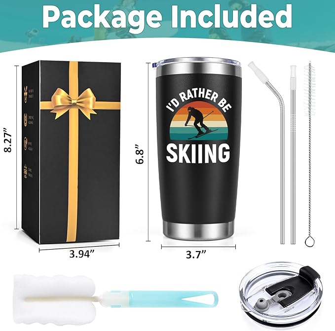 Lifecapido Ski Gifts, I'd Rather Be Skiing 20oz Insulated Tumbler, Christmas gift Skier Skiing Gifts for Skiers, Black