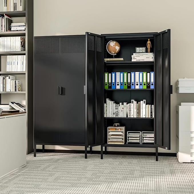 Metal Storage Cabinet with 2 Doors and 3 Adjustable Shelve,61" Black Kitchen Pantry Storage,Office Steel Cabinets Locker for Kitchen,Living Room,Dining Room,Home,Office