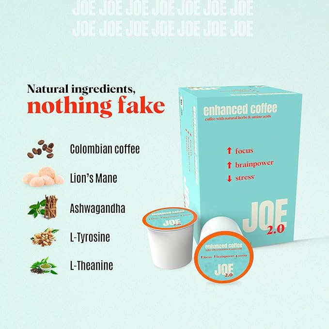 Joe 2.0 Nootropic Coffee Pods – Organic Medium Roast with Lion’s Mane, Ashwagandha, L-Tyrosine & L-Theanine | Focus, Brainpower & Stress Support | Vegan, Keto, Eco-Friendly