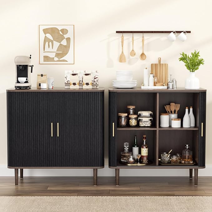 35" Fluted Accent Buffet Cabinet, Black Small Storage Sideboard with Sliding Door, Mid Century Modern Credenza with Solid Wood Leg, Wine Coffee Bar Console Table for Kitchen, Entryway, Living