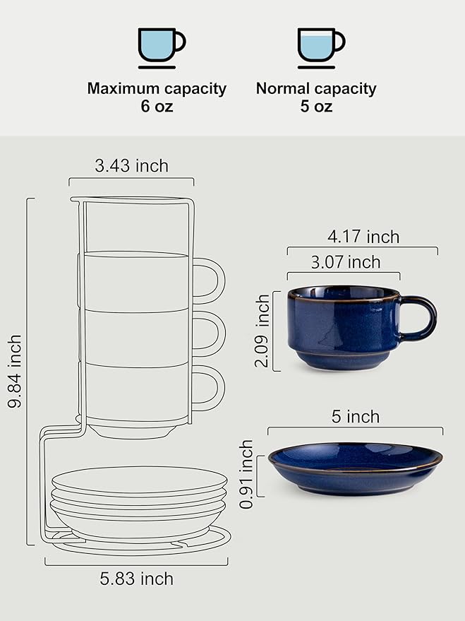 Gomakren 6 Ounce Cappuccino Cups with Saucers and Metal Stand, Stackable Coffee Cup Set of 4, Christmas Porcelain Espresso Cups for Coffee Drinks, Cappuccino, Latte, Americano, Tea, Cobalt Blue