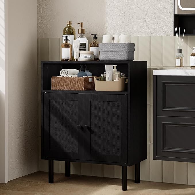 Rattan Storage Cabinet, Boho Accent Cabinet with Double Doors, Small Freestanding Sideboard for Hallway, Laundry Room,Kitchen, Dining Room, Entryway(Black)
