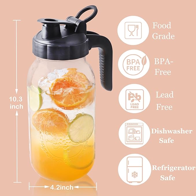 Mason Jar Pitcher 64 Oz Glass Pitcher With Pour Spout Lids Wide Mouth Airtight & Leakproof Water Pitcher 2 Quart Glass Carafe For Iced Tea, Cold Brew Coffee, Beverage, Lemonade, Juice, Milk - 2 Set