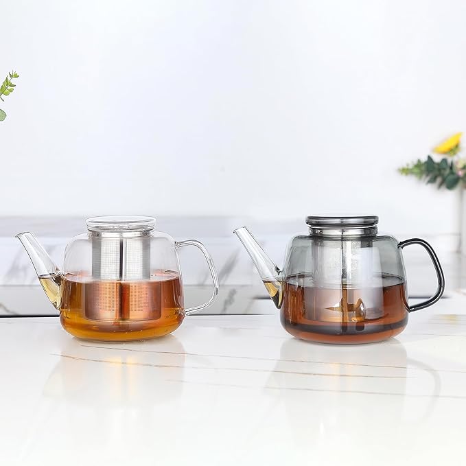 Easyworkz Borosilicate Glass Teapot 50oz with Large Stainless Steel Removable Loose Tea Infuser for Fruit Herbal and Infusion