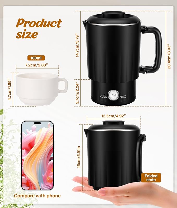 Portable Travel Electric Kettle, 600ML Small Water Kettle with Ceramic Cup, 304 Stainless Steel Water Boiler with Dual Power Control, Compact Design for Camping, RV, Business Trip & Hotel Stays, Black
