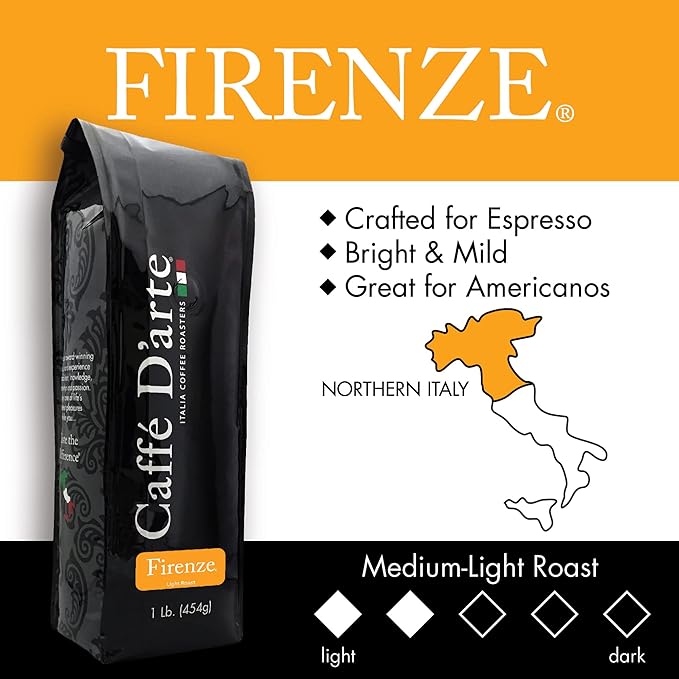 Caffé D'arte Firenze Whole Bean Espresso – Medium Light Roast, Bright & Mild Flavor with Sweet & Smooth Aroma – Fresh Roasted in Seattle, Crafted for Espresso & Americanos – 1 lb Bag, Pack of 2