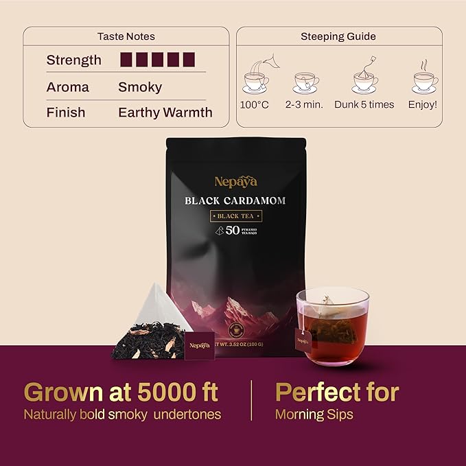 Nepaya Black Cardamom Black Tea – 50 Pyramid Tea Bags, Robust & Smoky, High Caffeine, Biodegradable, Himalayan Whole-Leaf, Coffee Replacement