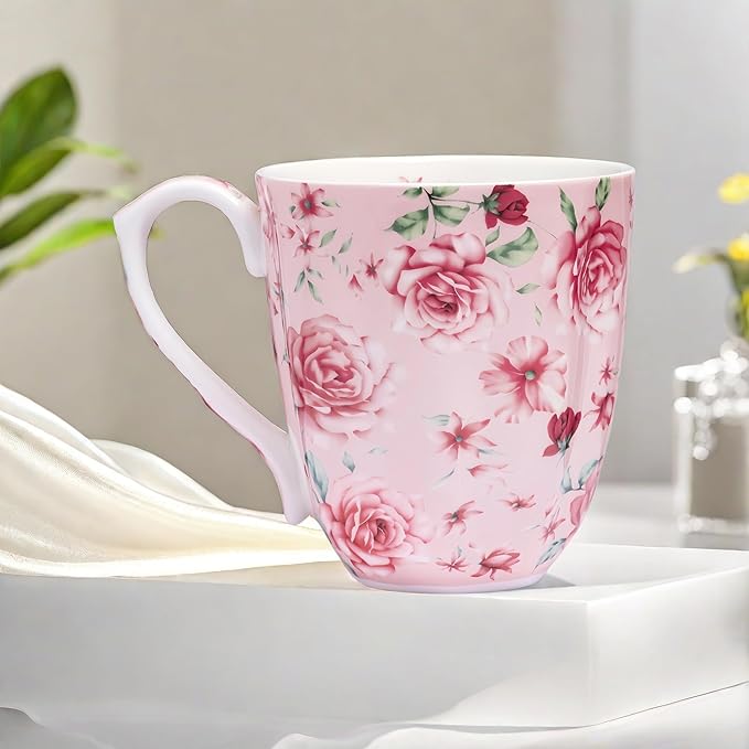 14oz Bone China Coffee Mugs for Women Floral Coffee Mug Tea Cups Novetly Coffee Cups Gift for Women Mom Friends (Pink rose)