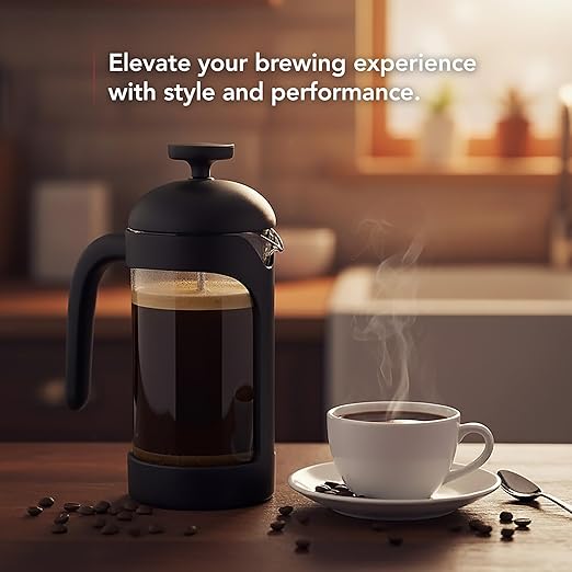 OVENTE French Press Coffee Maker 12 Ounce with Heat Resistant Borosilicate Glass & Stainless Steel 4-Level Filtration System, Portable Cold Brew Coffee Maker for Travel, Camping or Gift, Black FPB12B