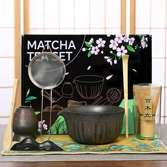 Matcha Set Whisk and Bowl, 8 Pcs Matcha Making Kit includes Bowl with Spout, Bamboo Whisk, Bamboo Scoop, Ceramic Holder and Stainless Sifter for Tea Matcha Lover, Gilded