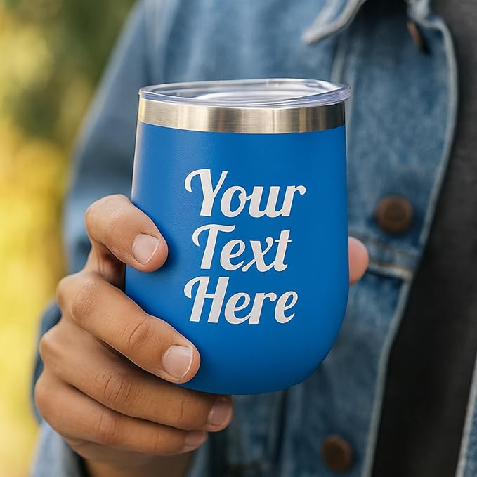Gifts Inscribed Personalized Wine Tumbler with Lid – Blue Custom Text Engraved Stainless Steel Insulated Mug for Hot & Cold Drinks – Customized Bridesmaid, Wedding, or Birthday Gift