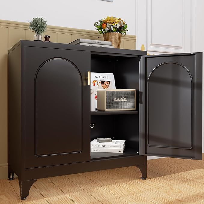 Buffet Cabinet with Storage, 33" H Side Board Storage Cabinet with Doors and Shelves, Metal Sideboard Cabinets for Dining Room, Living Room, Assembly Required, Black