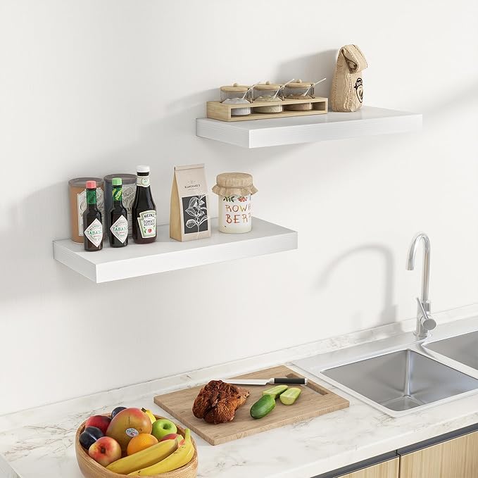 Fun Memories 24 x 10 Floating Shelves Wall-Mounted - Rustic Wood Shelf - 10 Inch Deep Floating Shelves for Wall - Large Storage Shelf for Bathroom - Kitchen & Bedroom - White - Set of 2