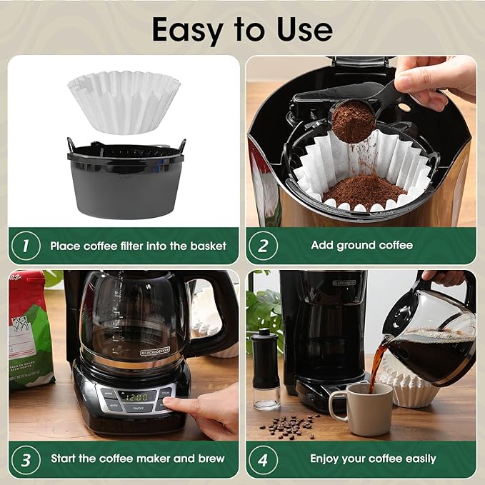 Basket Coffee Filters 8-12 Cup, 100 Count Flat Bottom Paper Filters for Drip Coffee Makers, Compatible with Mr. Coffee, BLACK+DECKER, Cuisinart, White - Package May Vary