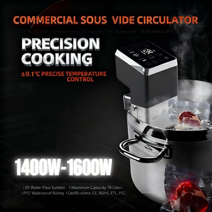 Commercial Sous Vide Precision Cooker 1400W | Fast-Heating Immersion Circulator | Thermal Sous Vide Machine with Accurate Temperature & Timer | IPX7 Waterproof | Quiet | For Restaurants & Home Kitchen