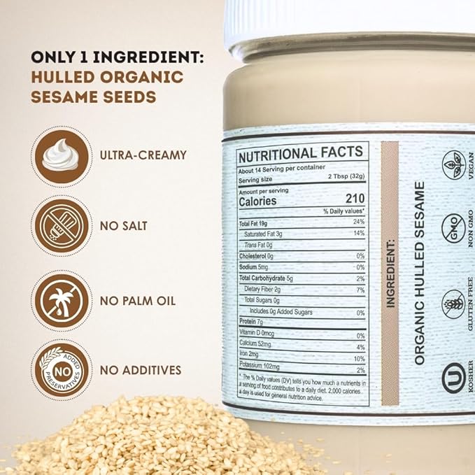 Organic Tahini Paste 16 oz (1lb) - Smooth Tahini Organic from Hulled Sesame Seeds - USDA Certified, Kosher, Gluten Free - Creamy Tahini Sauce & Sesame Paste for Cooking - The Holly Tree
