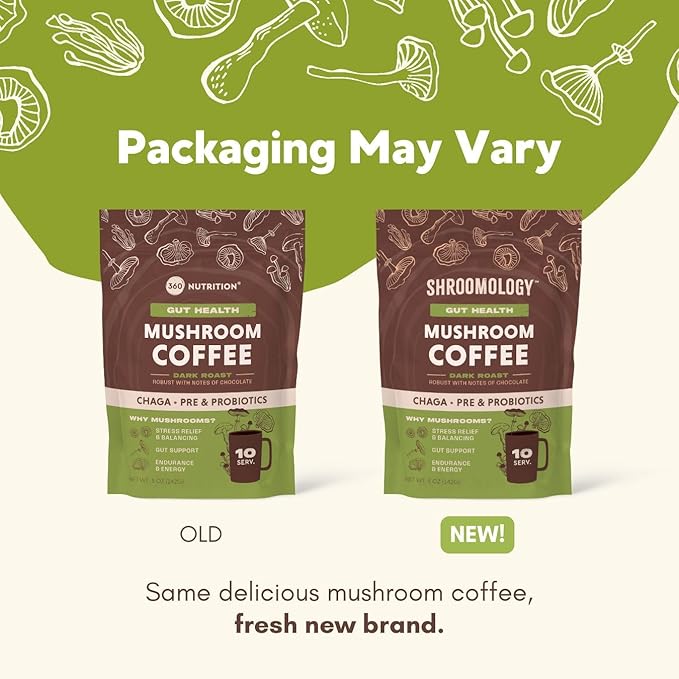 360 Nutrition Instant Mushroom Coffee with Chaga Superfood Mushroom and Prebiotics, Probiotics for Gut Health, and Focus Support | Dark Roast, No Added Sugar 5 oz (Gut Blend)