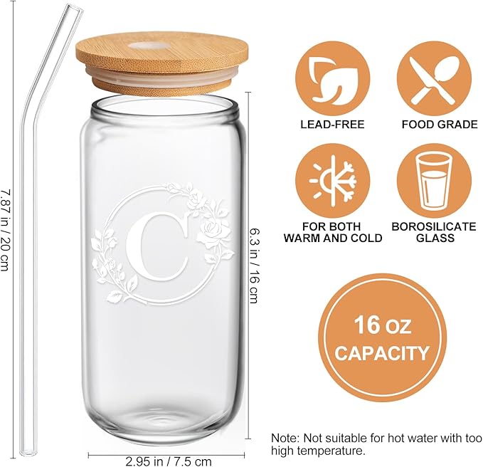 Birthday Gifts for Women, Monogrammed Initial Glass Cup Personalized Gifts for Women, 16oz Glass Cups with Lids and Straws, Iced Coffee Cup, Beer Can Shaped Glass - Gifts for Christmas, Birthday, C