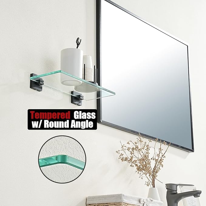 JQK Bathroom Glass Shelf Black, Tempered Glass Shower Storage 12 by 5 inches, 304 Stainless Steel Matte Black Wall Mount, TGS201L12-PB