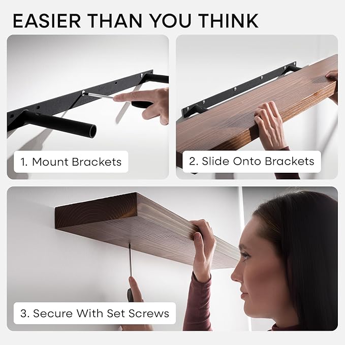 Homeforia Classic Walnut 24 inch Floating Shelf, High End Solid Real Wood Small 24inch Floating Shelves for Wall Mounted, 24in Floating Shelves, Heavy Duty Bracket, 24 X 6.5 X 1.75 inches, Set of 3