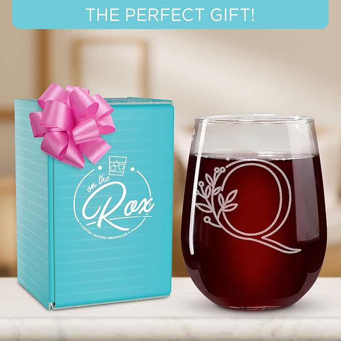 On The Rox Drinks Monogrammed Gifts For Women and Men - Letter A-Z Initial Engraved Monogram Stemless Wine Glass - 17 Oz Personalized Wine Gifts For Women and Men (Q)