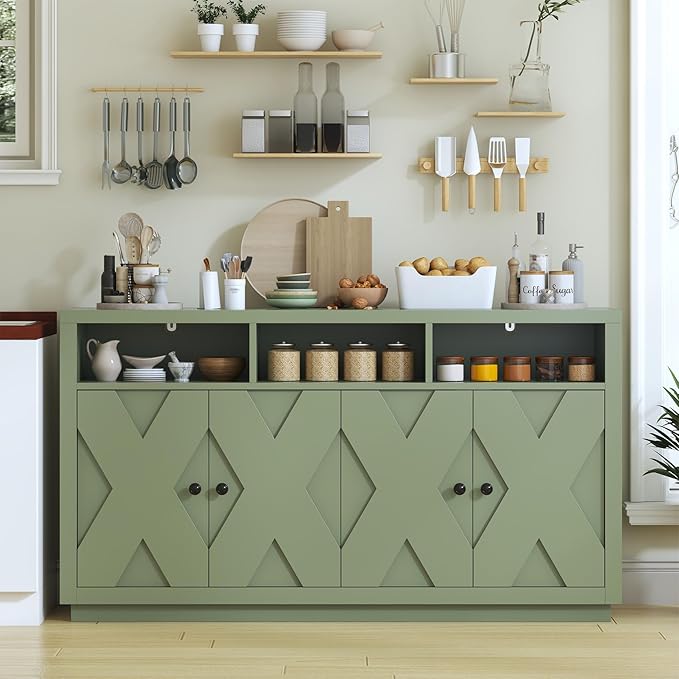 60” Large Sideboard Buffet Cabinet with Storage, Farmhouse Kitchen Buffet Cabinet with Adjustable Shelves and 4 Barn Doors, Wood Coffee Bar Storage Cabinet for Kitchen, Dining Room, Green