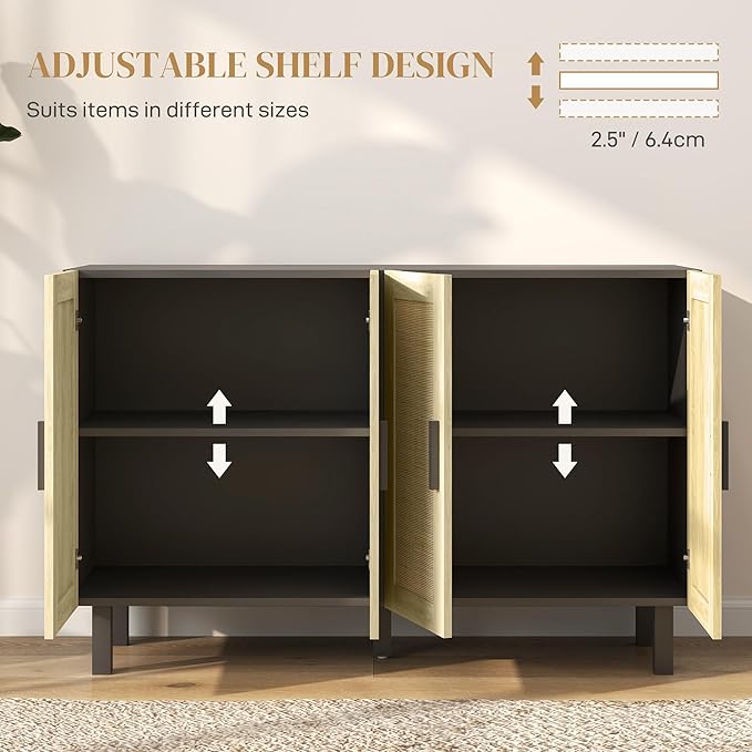 HOMCOM Boho Sideboard Buffet Cabinet, Coffee Bar Cabinet with 4 Rattan Doors and Adjustable Shelves for Kitchen, Living Room, Black and Natural