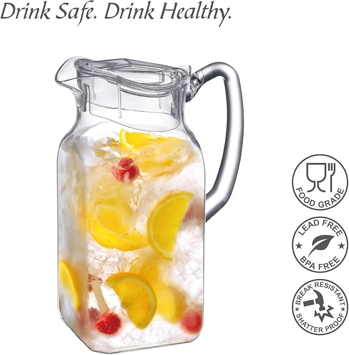 Amazing Abby - Quadly - Plastic Pitcher (64 oz, 2 Quart), Clear Water Pitcher with Lid, Fridge Jug, BPA-Free, Shatter-Proof, Great for Iced Tea, Sangria, Lemonade, Juice, Milk, and More
