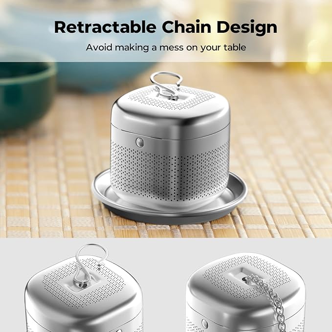 Reinmoson Tea Balls for Loose Tea, 304 Stainless Steel Extra Fine Mesh Tea Infusers for Loose Tea, Retractable Chain Design Tea Strainers for Loose Leaf Tea Single Cup, Come with 1 Saucer