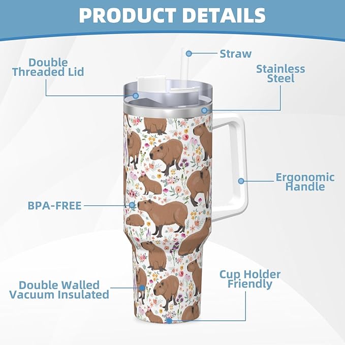 Capybara Gifts Capybara Tumbler Water Bottle Cup for Girls, Teens, Women, Men Stainless Steel Vacuum Insulated 40oz Tumbler with Lid and Straw for Water, Iced Tea or Coffee, White
