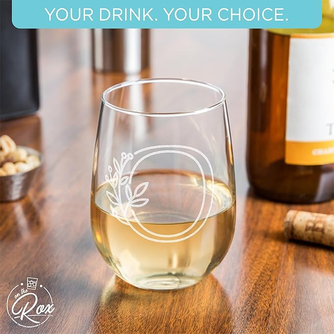 On The Rox Drinks Monogrammed Gifts For Women and Men - Letter A-Z Initial Engraved Monogram Stemless Wine Glass - 17 Oz Personalized Wine Gifts For Women and Men (O)