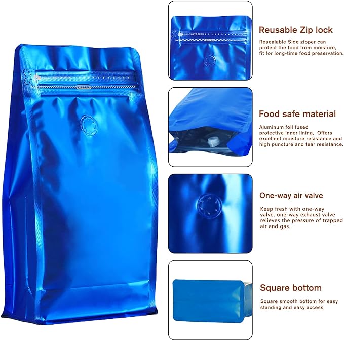 REMTAP Coffee Bags with Valve(50pcs,16 oz) Navy Blue High Barrier Aluminumed Foil Flat Bottom Standing Coffee Beans Storage Bags,Reusable Heat Sealable Side Zipper Pouches for Home or Store