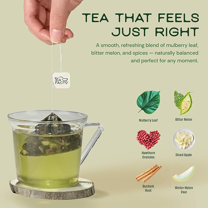 Tea Facto Bye Bye Sugar* Bitter Melon & Mulberry Tea Bags for Natural Sugar Spike Balance - TCM Wellness Tea - Natural Fibers, Zero Added Sugar, Uncaffeinated - 10 Count